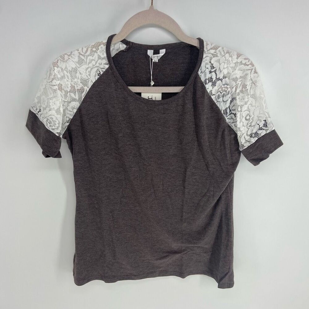 Meaneor Women's Gray Lace Raglan Short Sleeve Casual T-Shirt NWT